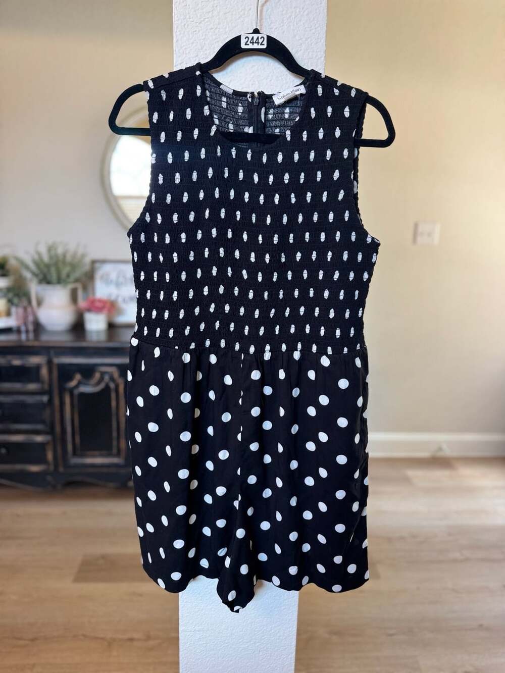 Calvin Klein Polka Dot Smocked Romper Size 14 Black White Sleeveless